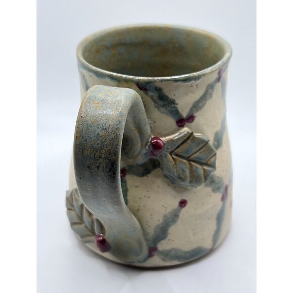 Handcrafted Stoneware Mug Rustic Holly Berry Pattern holds 12 flo oz - Picture 6 of 10